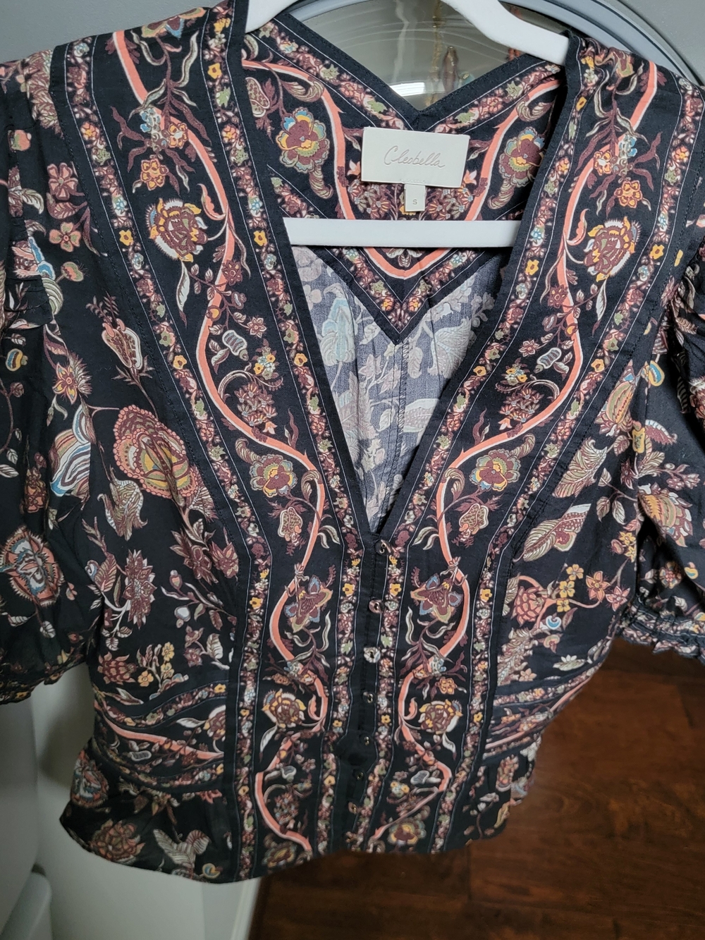 Cleobella Black Floral V-Neck Button-Front Boho Blouse